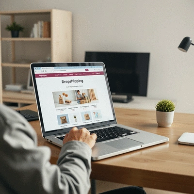 User working on a laptop with a dropshipping website open