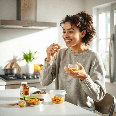 Lifestyle imagery of a person enjoying vitamin supplements