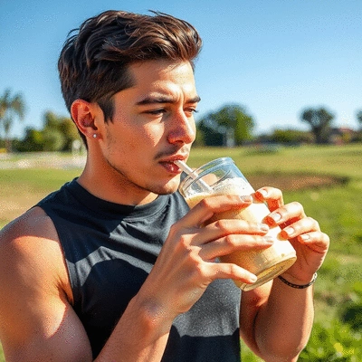 Lifestyle image of a person enjoying a protein shake outdoors