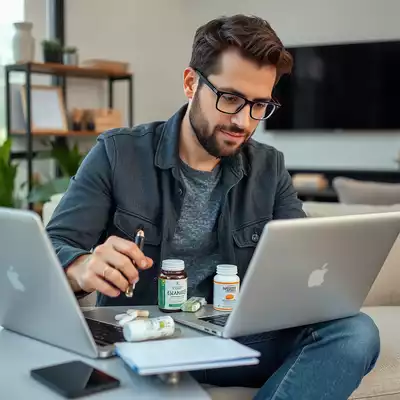 Entrepreneur analyzing health supplement products on a laptop