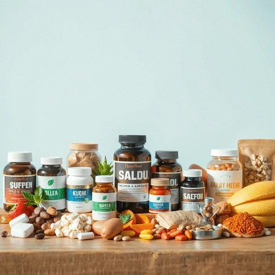 A diverse range of nutritional supplements displayed on a clean background