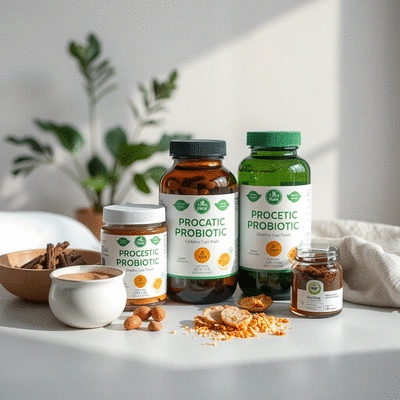 Probiotic products displayed in an aesthetic lifestyle setting