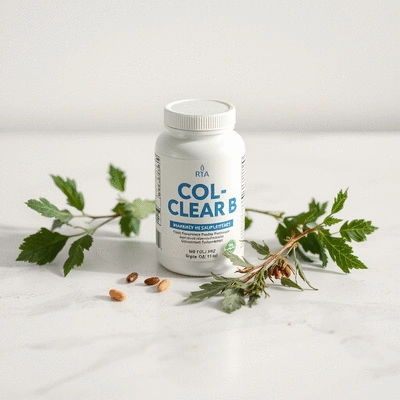 Lifestyle shot of COL-Clear B supplement with herbs