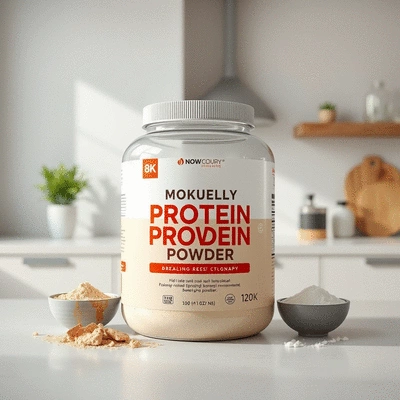 High-quality protein powder product displayed on a kitchen counter