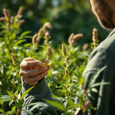 User using herbal remedies in a natural setting