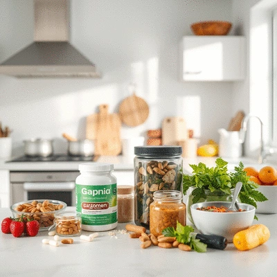 Health supplements in a clean kitchen setting