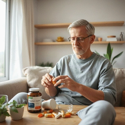 User using health supplements in a home setting