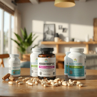 Nootropic supplements displayed in a lifestyle setting