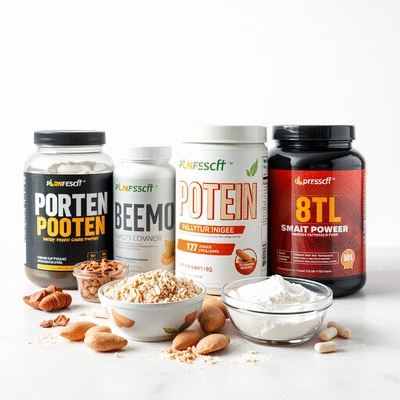 Health supplements showcasing protein powder products