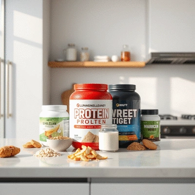 High-quality protein supplements on a kitchen counter