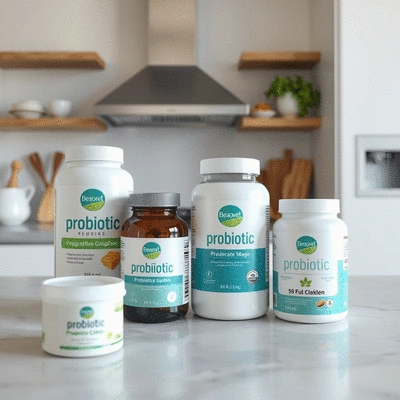 Probiotic products on a kitchen counter