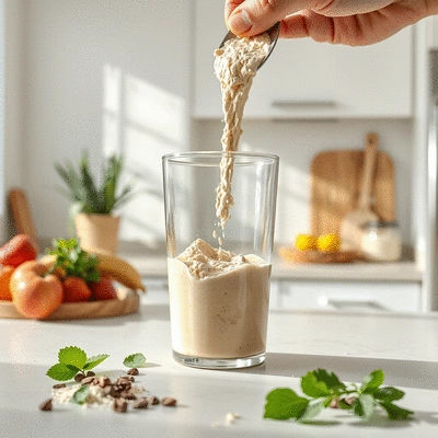 Lifestyle image of protein powder being prepared in a smoothie