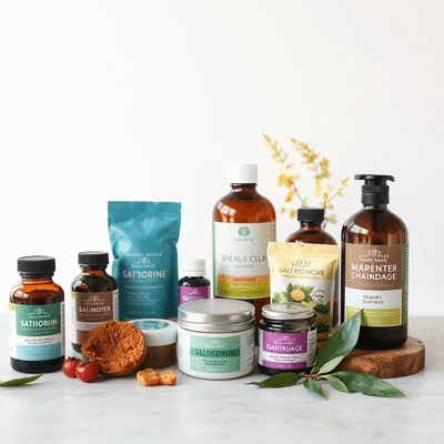 Health and wellness products displayed on a table