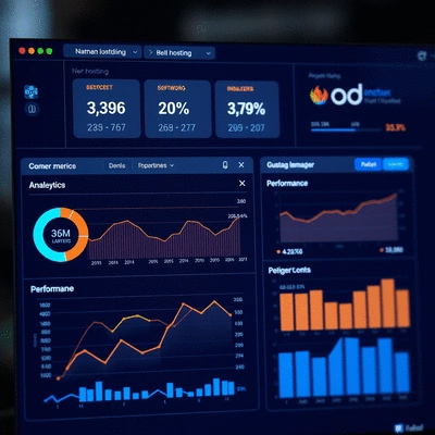 Web hosting service interface showing performance metrics and analytics