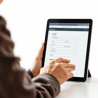User submitting online form on tablet