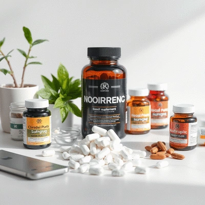 Nootropic supplements on a clean workspace
