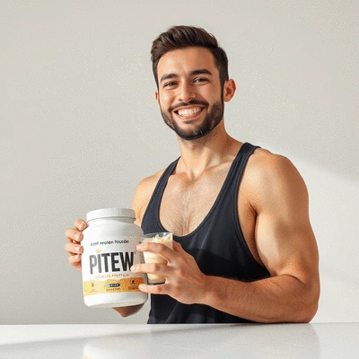 Image of a happy customer using protein powder