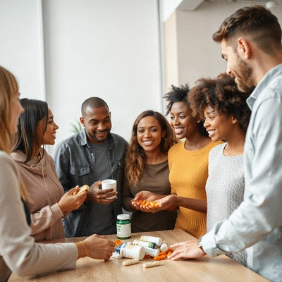 Group of diverse people discussing health supplements