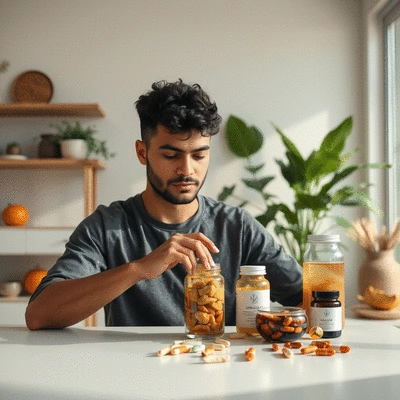 User using organic supplements in a healthy lifestyle