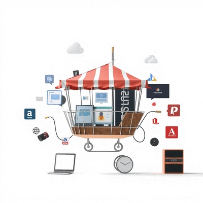 Dropship web hosting concept with various e-commerce platforms