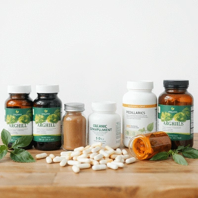 Organic supplements on a wooden table