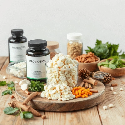 Bulk probiotics on a wooden table with herbs and supplements