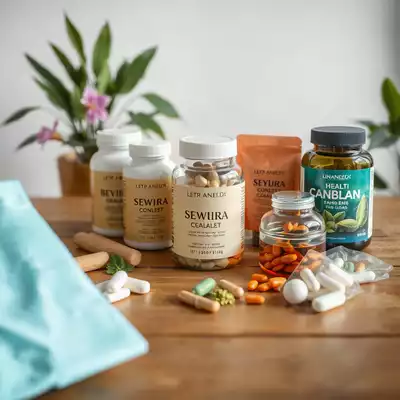 Health supplement products displayed on a wooden table