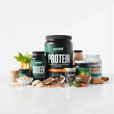 Lifestyle image of diverse protein supplements on display