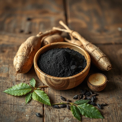 Organic Black Maca powder in a bowl with fresh roots