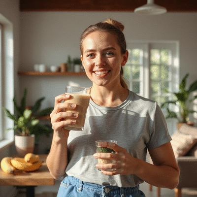 Image of a person enjoying a weight loss shake in a healthy lifestyle setting