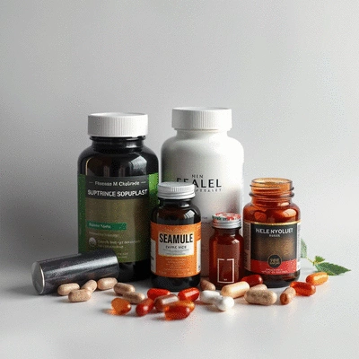 Image of various health supplements on a clean background