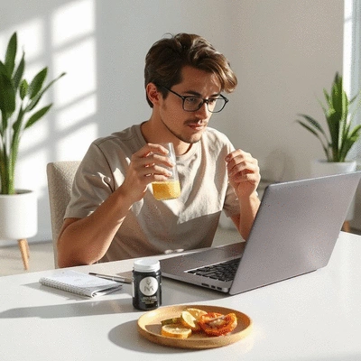 Lifestyle imagery of a person working on a laptop while enjoying a health supplement drink