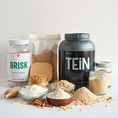 Image of various protein powder products arranged aesthetically