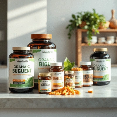 Organic supplement products displayed on a counter