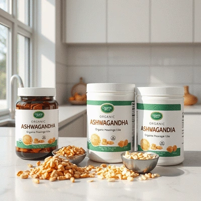 Image of organic ashwagandha products on a clean countertop