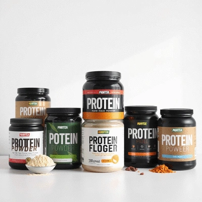 Product image showcasing a range of protein powder options