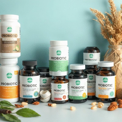 Selection of probiotic supplements arranged aesthetically